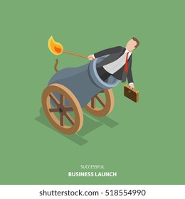 Successful Business Launch Vector Flat Isometric Illustration. Man Is Setting On Fire The Cannon To Fly Out Of It For Making A First Jerk Of His Business.