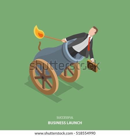 Successful business launch vector flat isometric illustration. Man is setting on fire the cannon to fly out of it for making a first jerk of his business.