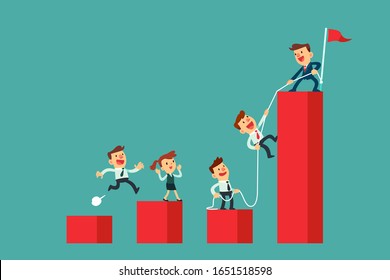 Successful business leader help his team climb the highest bar chart. Business teamwork concept.