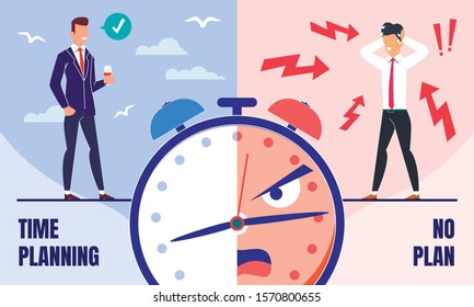 Successful Business Leader Time Management Trendy Flat Vector Concept. Happy and Satisfied Company Boss Standing with Glass of Wine in Hands, Worried and Stressed Businessman Without Plan Illustration