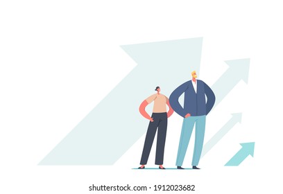 Successful Business Leaders Grow, Financial Success, Career Growth Concept. People Stand at Rising Arrows, Move to Success. Characters with Arms Akimbo at Growing Arrows. Cartoon Vector Illustration