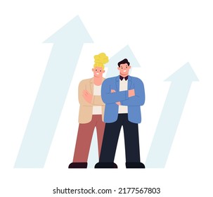 Successful Business Leaders Grow, Financial Success, Career Growth Concept. People Stand at Rising Arrows, Move to Success. Vector Illustration
