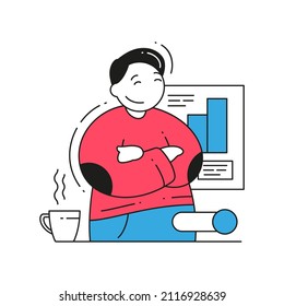 Successful business male enjoying break with hot coffee tea and graph diagram corporate development paper document vector flat illustration. Switch stress free at work and relaxation concept isolated