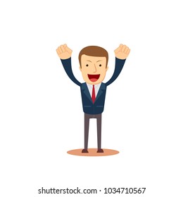 Successful business man with arms up. full length portrait of happy laughing businessman with hands up. isolated on white background. Stock flat vector illustration.