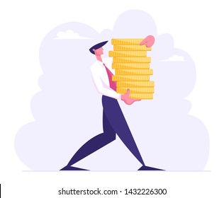 Successful Business Man Carry Stack of Gold Coins, Character with Money Cash. Financial Profit Salary Wealth Concept. Rich Businessman Making Saving Increasing Capital Cartoon Flat Vector Illustration