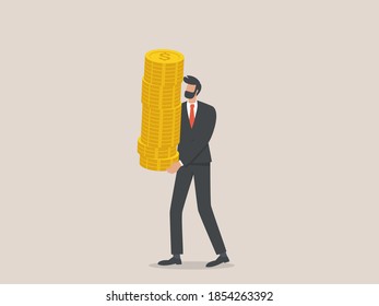 Successful Business Man Carry Stack of dollar Coins, financial Profit Salary Wealth Concept.