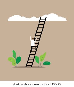 Successful Business Man Climbing with Ladder into the Sky. Office workers, investors going into the future success vector art