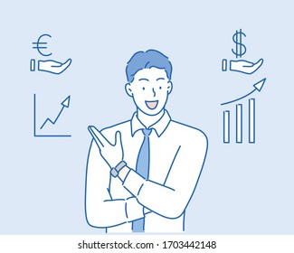 Successful Business Man Or Coach Character Dressed In Blue Jumper Stand At Chart Board Showing On Graphs And Growing Data Analysis Diagrams, Board Meeting.Hand Drawn Style Vector Design Illustrations.