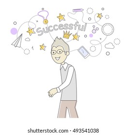 Successful business man dancing. Things that bring good luck surround him. Favourite items in office work. Indispensable things. Paper plane star medal clock crown cloud pen mobile phone. Vector