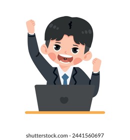 Successful Business man excited hold fist hand up gesture with laptop