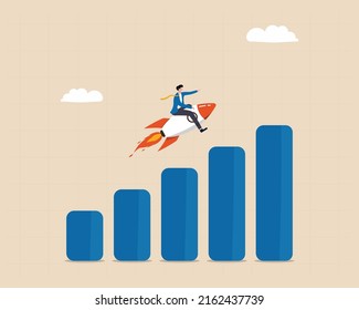 Successful business man flying on a rocket, on a graph going up. Success, idea, growing, international business and strategy vector illustration design