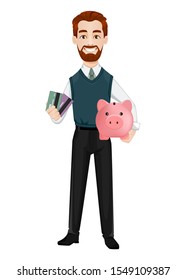 Successful business man. Handsome businessman holding credit cards and piggy bank. Cheerful cartoon character. Vector illustration on white background