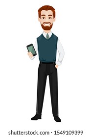Successful business man. Handsome businessman holding smartphone. Cheerful cartoon character. Vector illustration on white background