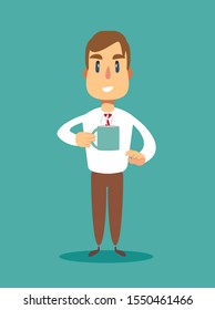 Successful business man. Handsome businessman holding a cup of hot coffee. Cheerful cartoon character. Vector illustration on background