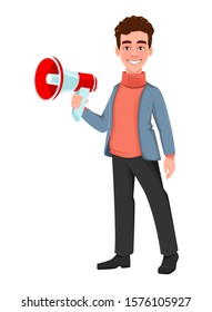 Successful business man. Handsome businessman holding loudspeaker. Cheerful cartoon character. Vector illustration on white background