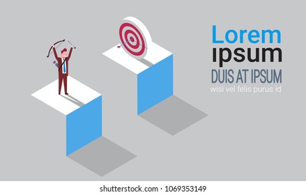 Successful Business Man Hit Arrow In Target Success Strategy And Goal Isometric