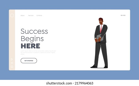 Successful Business Man Landing Page Template. African Businessman Male Character in Formal Suit, Shirt and Tie with Briefcase in Hands. Manager in Formal Clothes. Cartoon People Vector Illustration