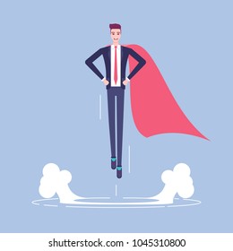 Successful business man or male office worker in suit and red cape takes off up vector flat illustration. Businessman super hero character flying up. Business concept career growth and leadership