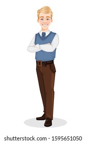 Successful business man in office style clothes. Handsome blonde businessman. Cheerful cartoon character. Vector illustration on white background