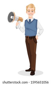 Successful business man in office style clothes. Handsome blonde businessman holding loudspeaker. Cheerful cartoon character. Vector illustration on white background