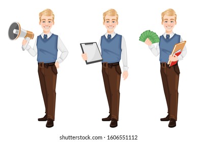 Successful business man in office style clothes, set of three poses. Handsome blonde businessman cartoon character holding loudspeaker, holding clipboard and holding money. Vector illustration