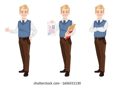 Successful business man in office style clothes, set of three poses. Handsome blonde businessman cartoon character showing thumb up sign, holding documents and standing straight. Vector illustration