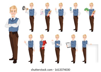 Successful business man in office style clothes, set of eleven poses. Handsome blonde businessman. Cheerful cartoon character. Vector illustration on white background