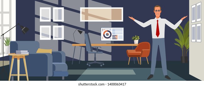 Successful business man in the office. Vector cartoon, flat illustration