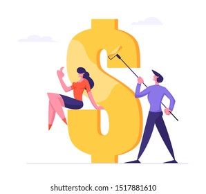 Successful Business Man Painting Huge Dollar Sign with Gold Paint, Woman Watching Process. Characters Earning Money Cash. Financial Profit Salary Wealth Concept. Cartoon Flat Vector Illustration