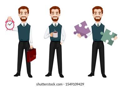 Successful business man, set of three poses. Handsome businessman holds alarm clock, holds coffee and holds puzzle. Cheerful cartoon character. Vector illustration