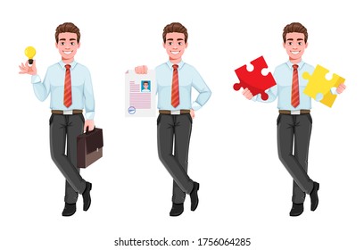 Successful business man, set of three poses. Handsome businessman in business clothes. Cheerful cartoon character. Vector illustration on white background