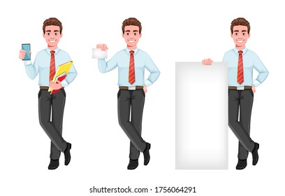 Successful business man, set of three poses. Handsome businessman in business clothes. Cheerful cartoon character. Vector illustration