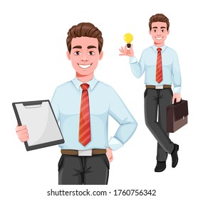 Successful business man, set of two poses. Handsome businessman in business clothes. Cheerful cartoon character. Vector illustration