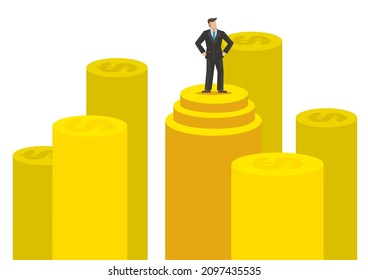 Successful business man stand on money with isolated white background. Vector illustration.