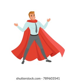 Successful business man standing with arms wide open. Cartoon male character in shirt, pants and classic red superhero cape. Career advancement. Flat vector design