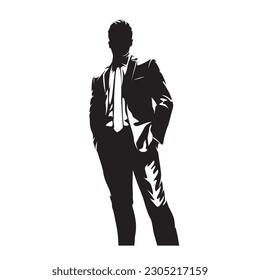 Successful business man stands dressed in a suit with his hands in his pockets. View from slightly below. Isolated vector silhouette