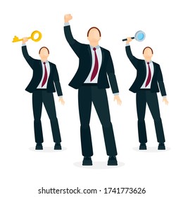 Successful business man vector illustrations set. Businessman  character with fist raised up, holding golden key and magnifier. 