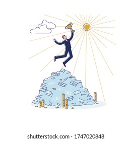 Successful business man winner hold golden cup standing on money heap. Businessman leader happy to achieve goal and award. Finance success, victory and achievement concept. Linear vector illustration