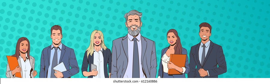 Successful Business Man And Woman Over Pop Art Colorful Retro Style Background Businesspeople Team Vector Illustration