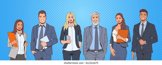 Successful Business Man And Woman Over Pop Art Colorful Retro Style Background Businesspeople Team Vector Illustration