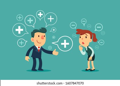 Successful business manager sharing positive thinking symbol to depressed businesswoman. Positive thinking business concept.