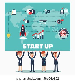 Successful business men and women presenting and showing start up process concept. Success, idea, growing, international business and strategy vector illustration. New business project start-up design