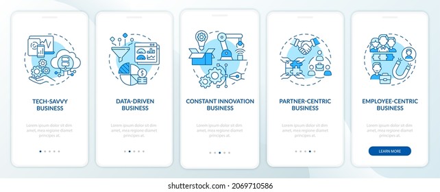 Erfolgreiche Geschäftsmodelle blauer Onboarding Mobile App-Bildschirm. Firmenstruktur durchlaufen 5 Stufen grafische Anleitungen mit Konzepten. UI, UX, GUI-Vektorvorlage mit linearen Farbillustrationen