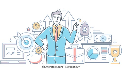 Successful business - modern line design style illustration on white background. High quality composition with a businessman, images of target, safe, rocket, money, laptop. Financial growth concept