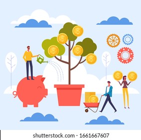 Un árbol de dinero comercial exitoso inicia un nuevo concepto de negocio. Ilustración de diseño gráfico plano vectorial