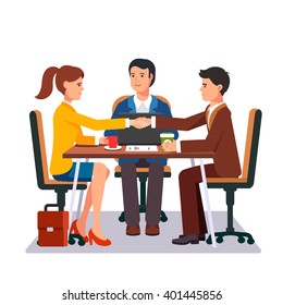 Successful business negotiations. Closed deal handshake over a desk. Flat style vector illustration.