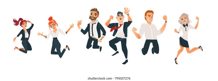 Successful business office men and women jumping set. Characters in office corporate clothing, tuxedo. Vector cartoon isolated illustration, white background