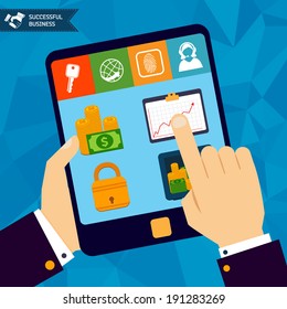 Successful business online banking concept with hand touching mobile tablet vector illustration