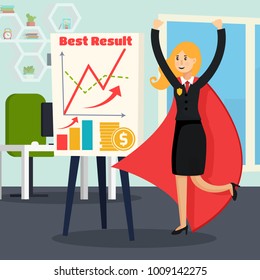 Successful business orthogonal composition with woman dressed in superhero costume in office interior cartoon vector illustration 