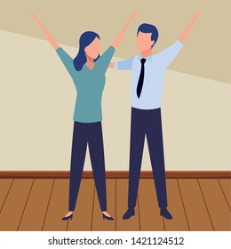 Successful business partners working and talking inside office with wooden floor scenery, vector illustration.